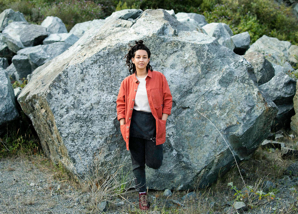 Rust coloured Unisex Overshirt handmade in Britain from weatherproof waxed organic cotton and sustainably sourced natural corozo nut buttons.