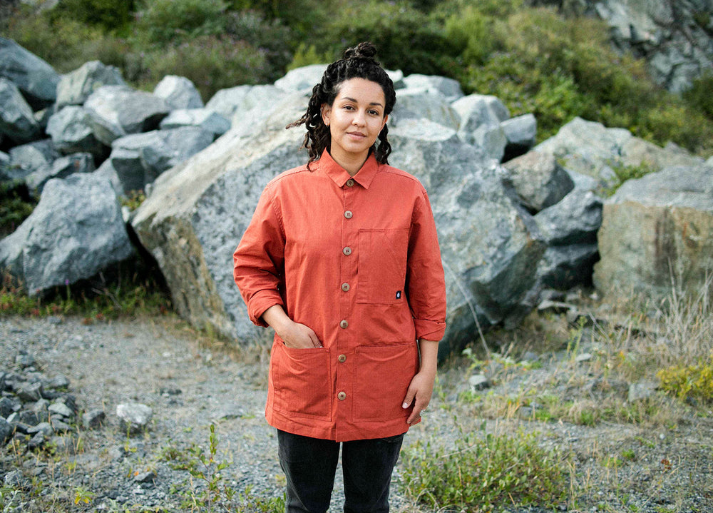 Rust coloured Unisex Overshirt handmade in Britain from weatherproof waxed organic cotton and sustainably sourced natural corozo nut buttons.