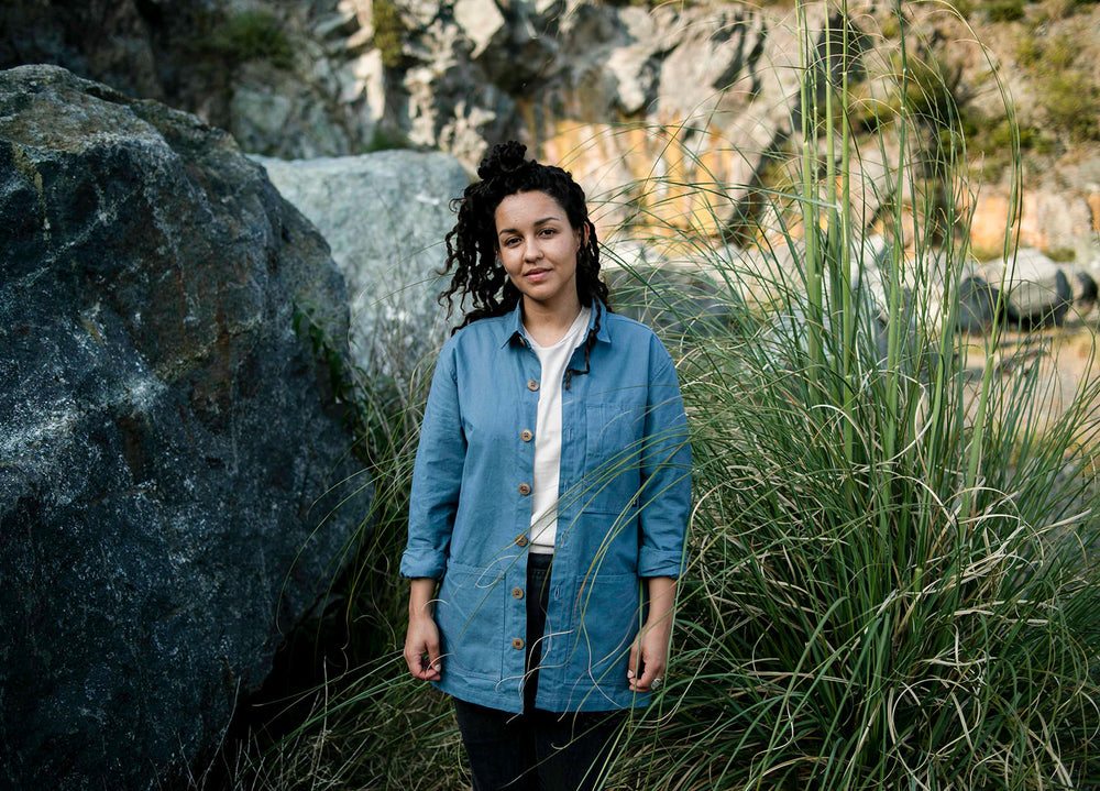 Sky Blue Unisex Overshirt handmade in Britain from weatherproof waxed organic cotton and sustainably sourced natural corozo nut buttons.