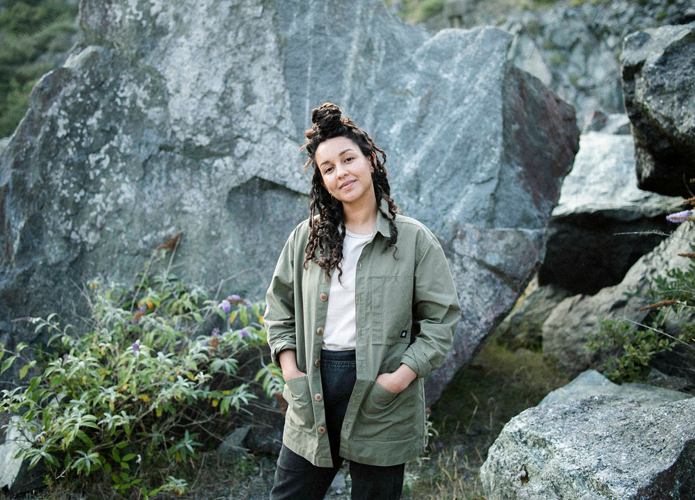 Olive coloured Unisex Overshirt handmade in Britain from weatherproof waxed organic cotton and sustainably sourced natural corozo nut buttons.