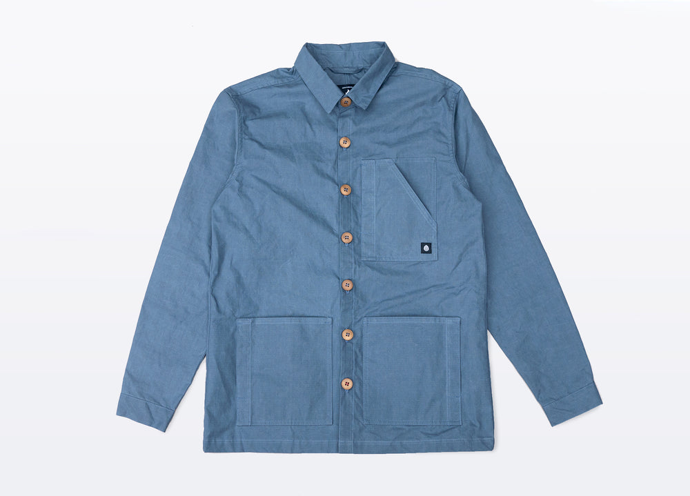 Sky Blue Unisex Overshirt handmade in Britain from weatherproof waxed organic cotton and sustainably sourced natural corozo nut buttons.