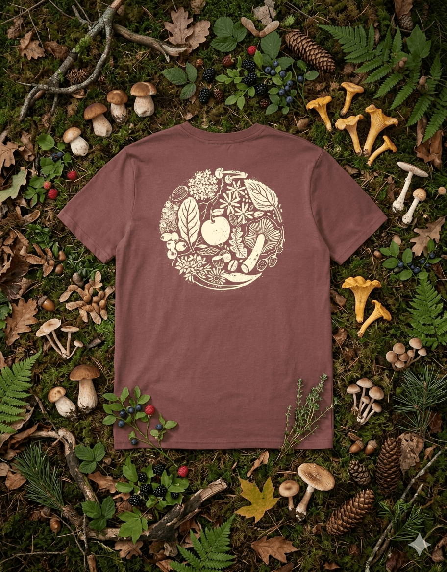 Brown t-shirt with nature-themed design on a bed of leaves, mushrooms, and plants.