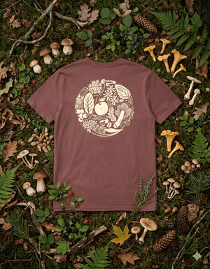 Brown t-shirt with nature-themed design on a bed of leaves, mushrooms, and plants.