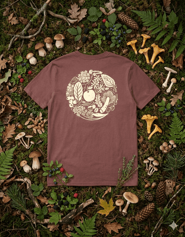 Brown t-shirt with nature-themed design on a bed of leaves, mushrooms, and plants.