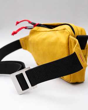 Black cotton webbing strap and stainless steel buckle on The Scout in Mustard, leather free