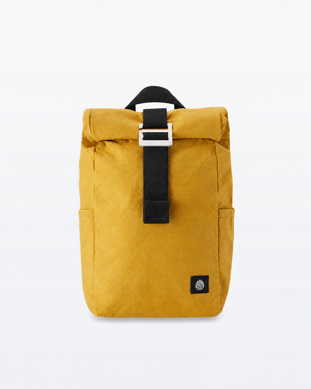 Roll Top Mini backpack in Mustard waxed organic cotton, front view