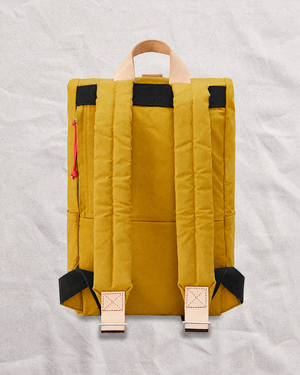 Back of the Mustard roll top backpack with padded shoulder straps, UK made and handmade to order