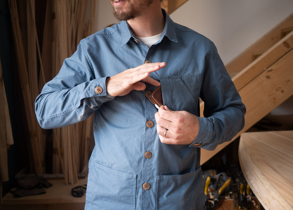 Sky Blue Unisex Overshirt handmade in Britain from weatherproof waxed organic cotton and sustainably sourced natural corozo nut buttons.