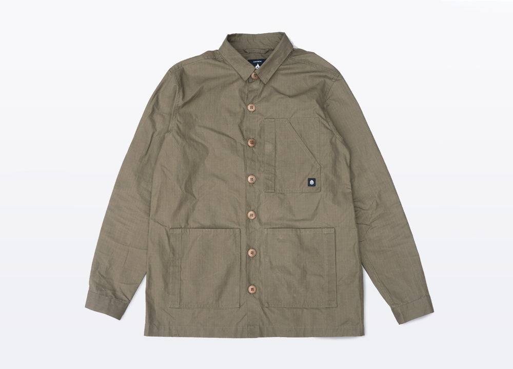 Olive coloured Unisex Overshirt handmade in Britain from weatherproof waxed organic cotton and sustainably sourced natural corozo nut buttons.