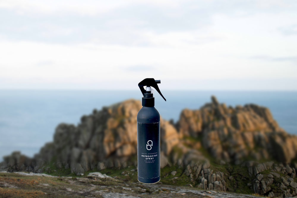Halley Stevensons reproofing spray for waxed cotton on a Cornish cliff top